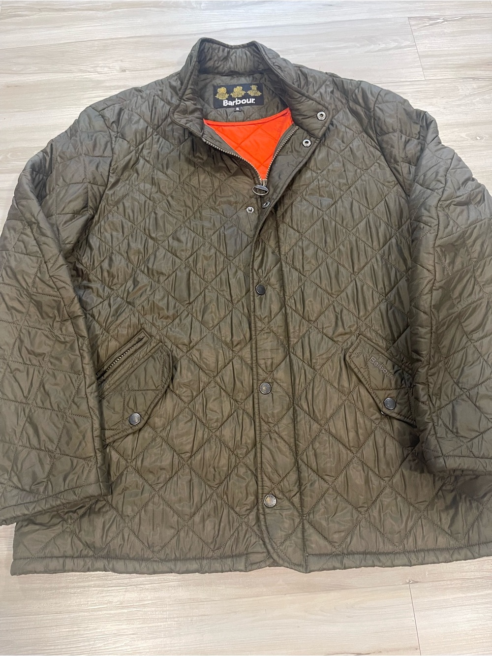 Barbour Men’s XL Quilted Jacket Olive Green Orange Lining Zip Snap Coat